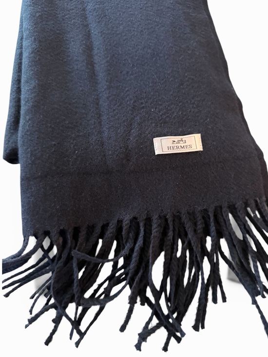 Hermes Accessories - Hermès Navy Blue Fringe Cashmere Scarf